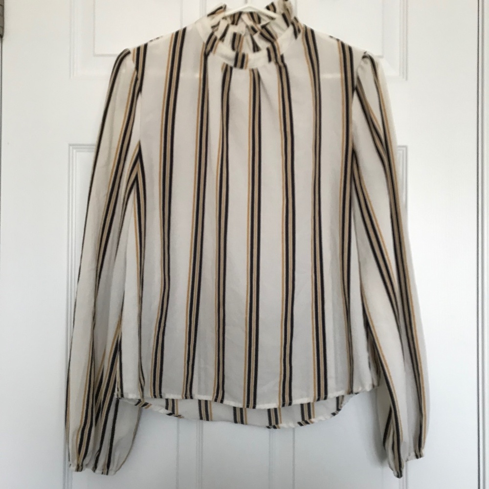 SHEIN Striped Long Sleeve Blouse M Mustard Yellow Black Beige Cream Keyhole Back